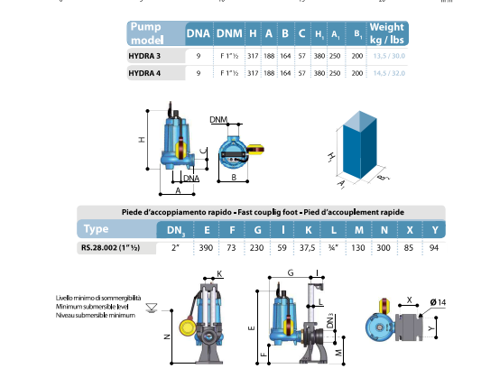 kích thước máy bơm chìm italia hydra 3-4